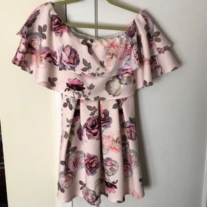 Floral, Pleated, Off-the-Shoulder Dress